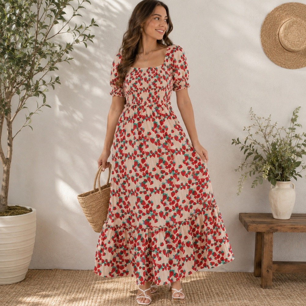 Betsey Johnson Maxi Dress Strawberry Print Smocked Puff Sleeve Cottage Womens XS